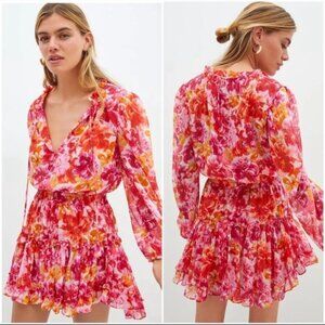 MIsa Clementine Mini Dress Size Medium Floral Pink Red Ruffle Party Wedding